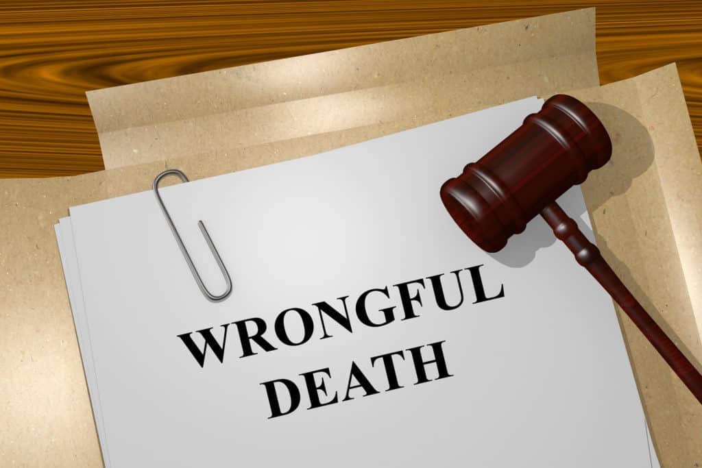 A legal gavel rests on a stack of Wrongful Death legal documents