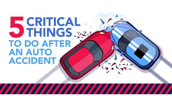 Cartoon image of two cars crashing with text 5 critical things to do after an auto accident