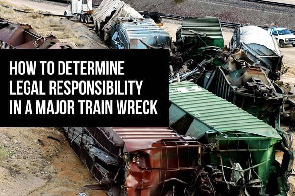 Photo of a train wreck with the words How To Determine Legal Responsibility in a Major Train Wreck