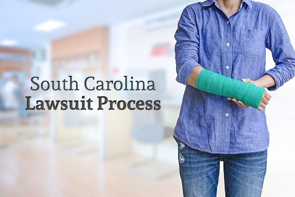 A woman with her arm in a cast stands beside the words "South Carolina Lawsuit Process"