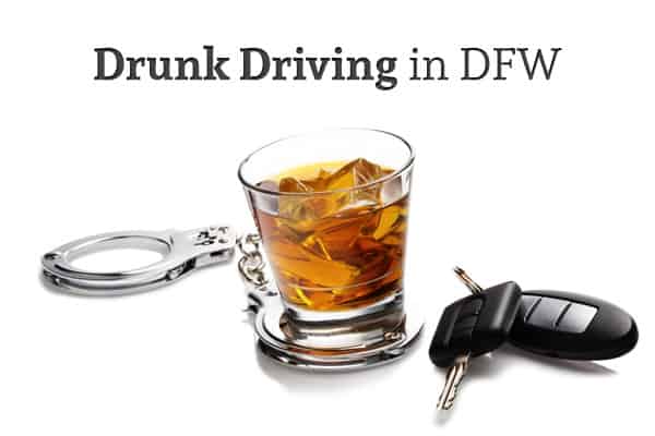 Handcuffs, a glass of bourbon on the rocks, and car keys sit against a white background under the words "Drunk Driving in DFW"