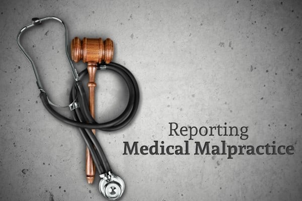 A stethoscope wrapped around a gavel beside the words "Reporting Medical Malpractice"