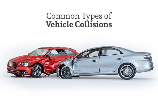 A blue-gray car that has T-boned a red car under the words common types of vehicle collisions
