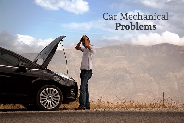 A man is looking distressed at his car engine with the words, car mechanical problems.