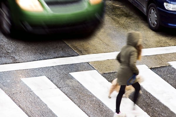A lady and her dog are crossing a crosswalk on a dangerous street.