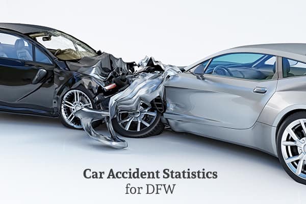 Two cars are involved in a head-on collision with the words, car accident statistics for DFW