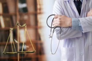 A doctor standing next to a pair of legal scales and holding a stethoscope. 
