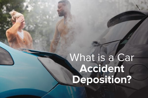 Two people are looking distraught over their car accident, with the words "what is a car accident deposition."