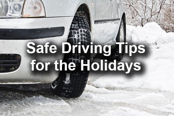A car sliding on ice with the words, safe driving for the holidays.