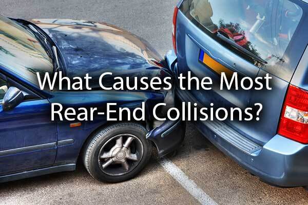 A rear-end collision with the words, "what causes the most rear-end collisions?"