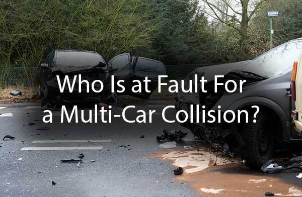 A multi-vehicle collision with the words, "who is at fault for a multi-car collision?"