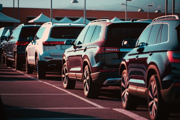New SUVs in a parking lot.