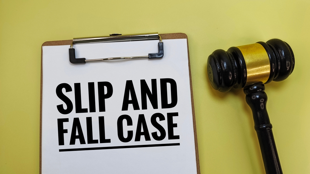 lipboard reading “Slip and Fall Case” with judge’s gavel on yellow background