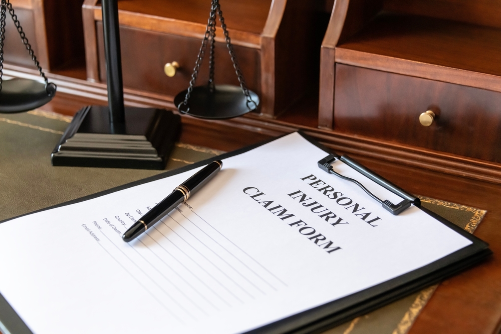Personal injury claim form with pen on desk beside scales of justice in law office