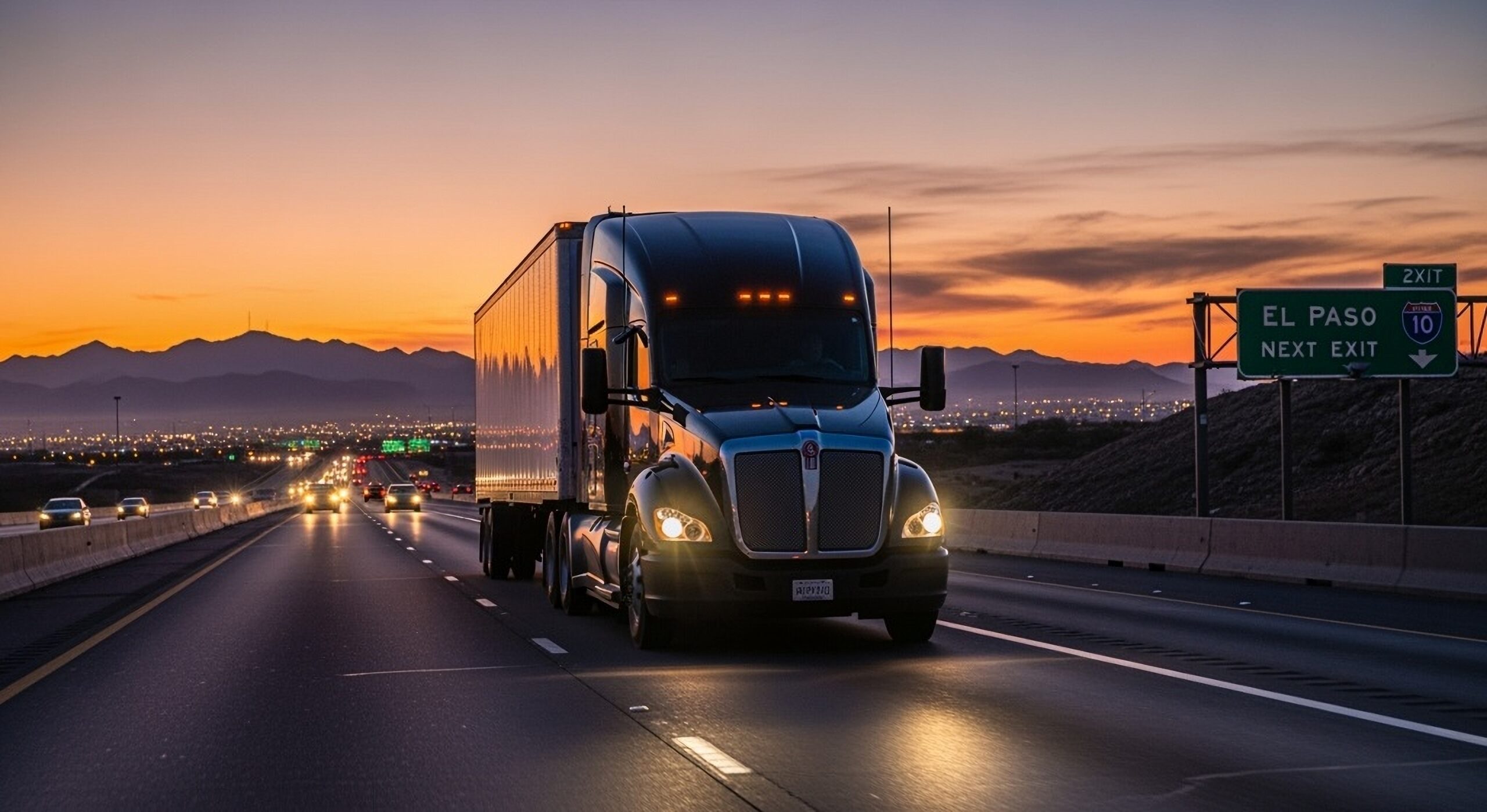 A semi-truck driving on a Texas highway toward El Paso at sunset, representing a truck accident claim.