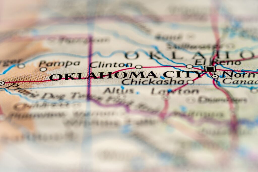 Map highlighting Oklahoma City hit and run accident lawyers service area.