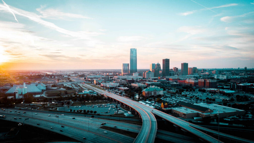 Aerial view of Oklahoma City highways, served by rear-end accident lawyers.
