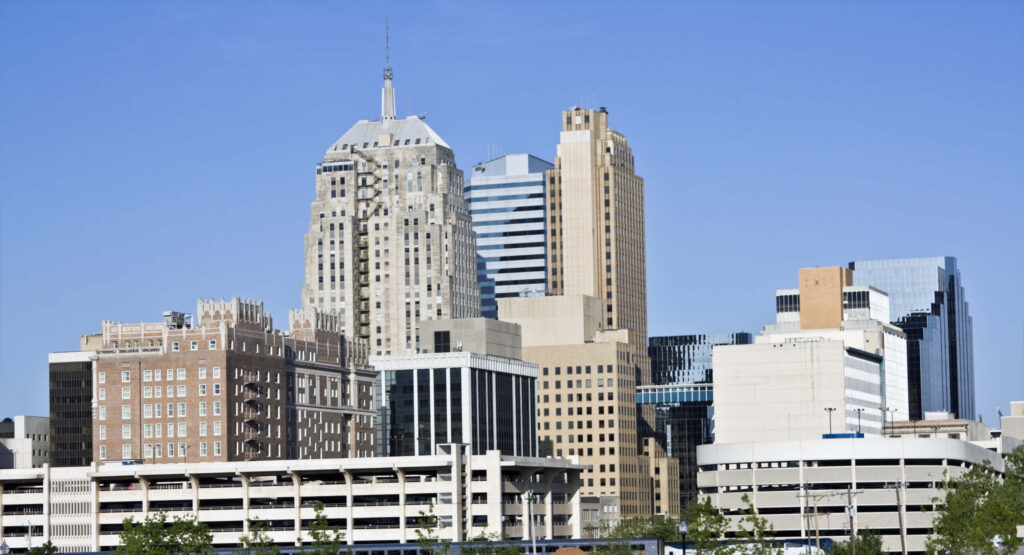 Downtown buildings represented by Oklahoma City rollover accident attorneys.