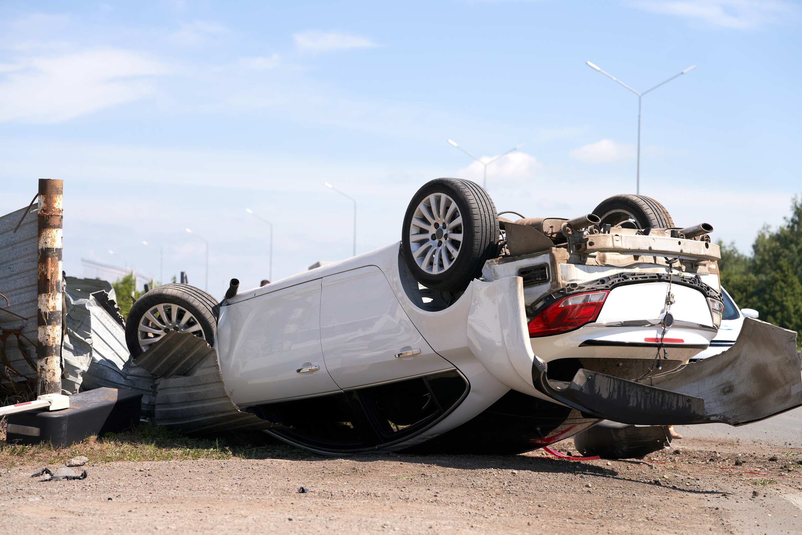 Overturned vehicle crash site handled by Oklahoma City rollover accident attorneys.