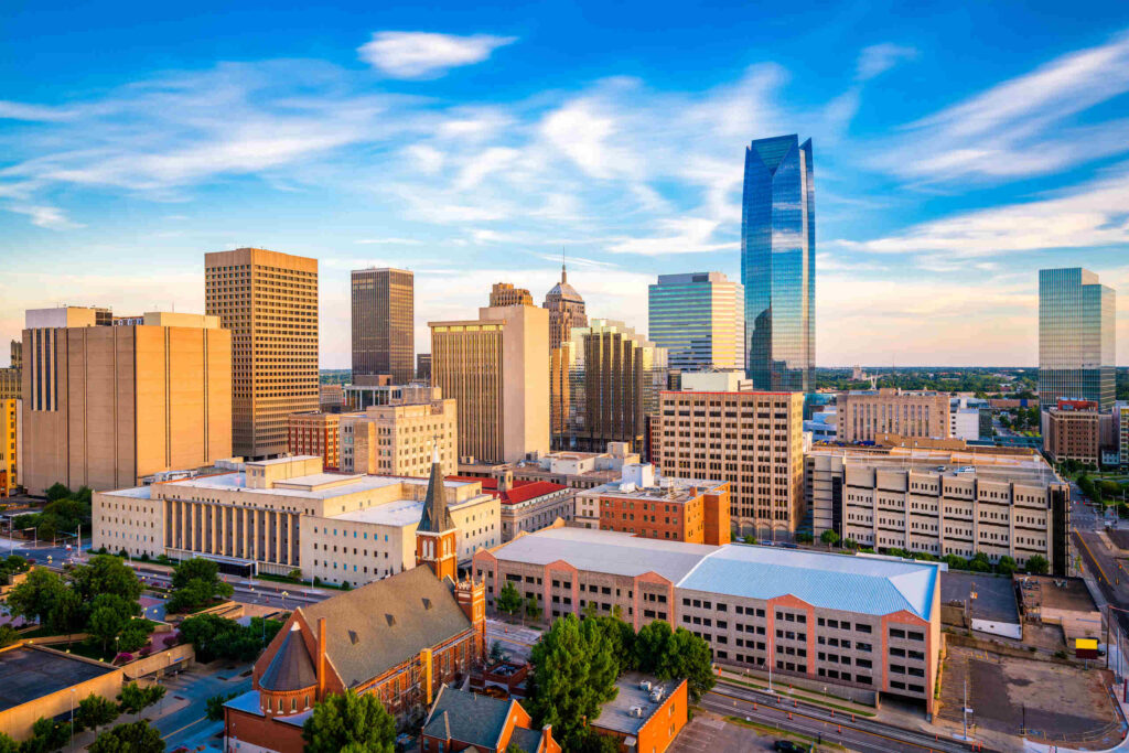 Sunny view of downtown skyline, represented by Oklahoma City slip and fall lawyers.