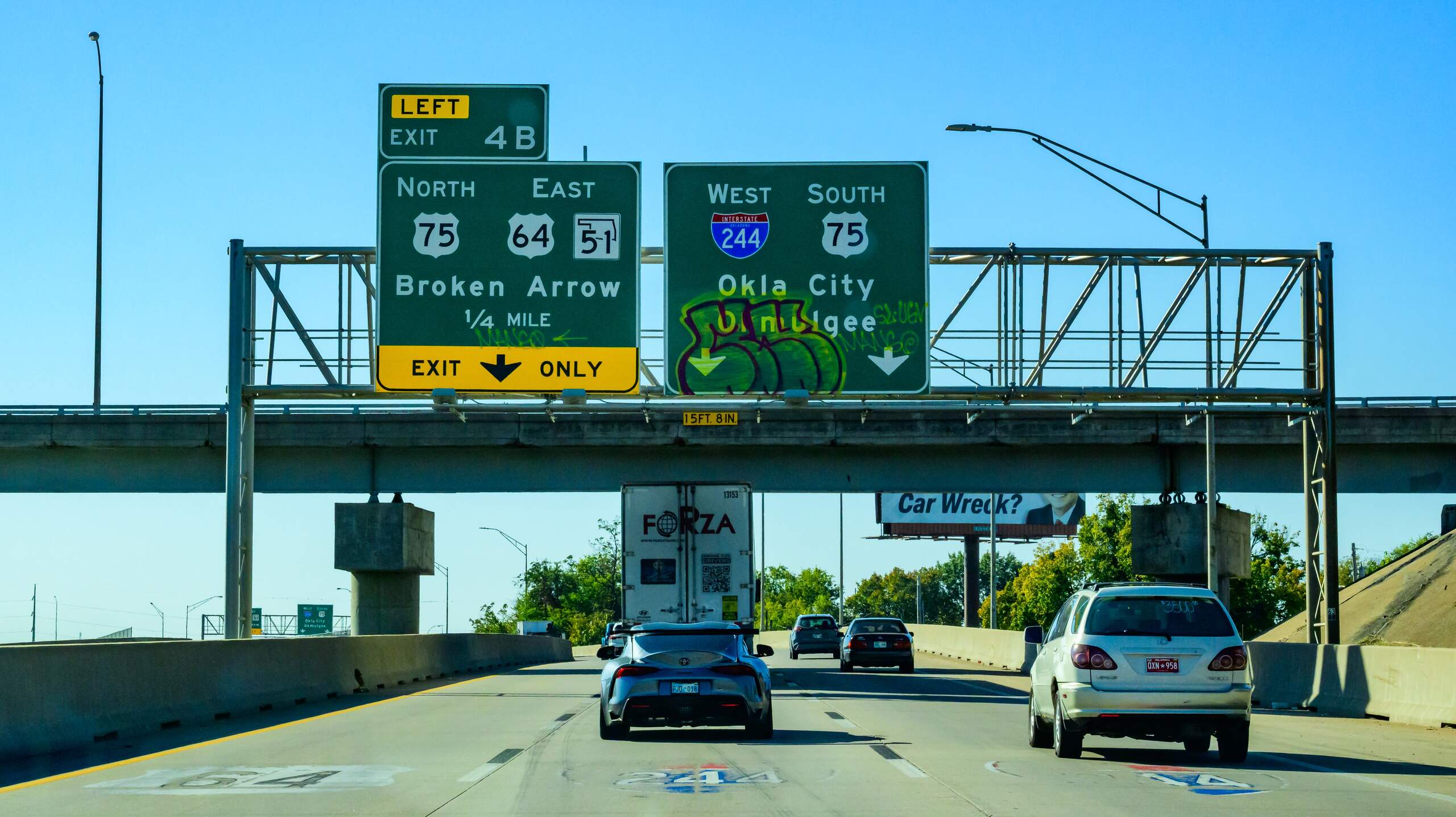 Heavy traffic congestion on a multi lane highway illustrates where do car accidents most occur in Oklahoma City.